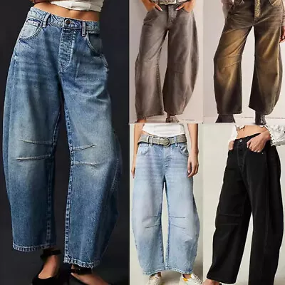 Women Wide Leg Mid Waist Jeans Cropped Mid Rise Barrel Denim Pants Loose Jeans • $9.99