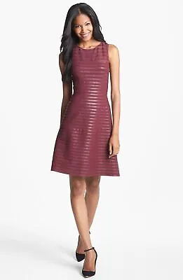 Aidan By Aidan Mattox Faux Leather Stripe Fit & Flare Dress Sz 6 Burgundy • $78.40