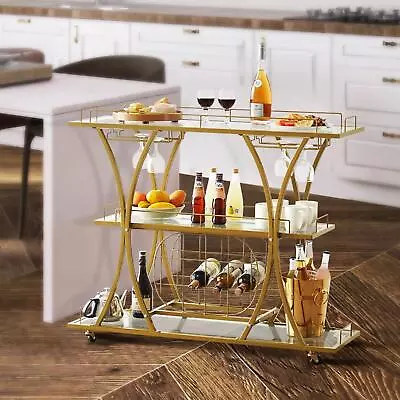 Gold Metal Glass Serving Cart 3 Tiers Bar With Wine Rack Stemware Holder 180 Lbs • $149.71