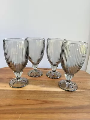 Fostoria Monet Gray Ribbed Footed Water Ice Tea Glasses 6-7/8” Goblets~set Of 4 • $69.98