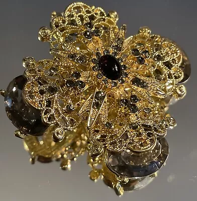 Vintage Gold Tone Crown Smokey Crystal Cut & Black Rhinestone Filigree Brooch • $7.99