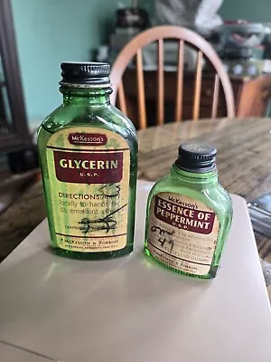 Lot Of 2 Vintage Mckesson's Elixir Green Bottles  Glycerine Essence Of Peppermin • $9.99