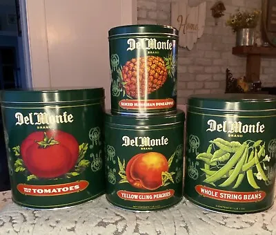 Vintage Matching Set Of 4 Metal Tin Cans Del Monte Fruit Cans Fits One Inside • $35