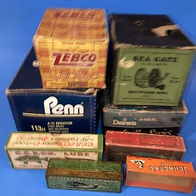 Lot Of Vintage Fishing Lure And Reel Boxes PENN Senator 4/0 Sea Gate DAIWA Zebco • $162.50