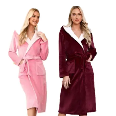 Ladies Flannel Fleece Long Bathrobe Soft Warm Dressing Pockets Gown Bath Robe • £13.99