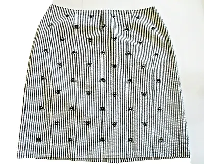Talbots Bee Embroidered Seersucker Skirt Women's 10P Petites Black White Striped • $17.95