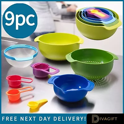 9 Piece Food Prep Set Mixing Bowl Measuring Cups Sieve Colander Baking Plastic • £16.99