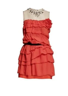 2010 LANVIN X H&M Red Silk Jewel Embellish Tiered Tulle Dress - US 6  • $80