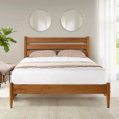 Mid Century Modern Platform Bed Frame Headboard Queen Bedroom Solid Wood Brown • $499.99