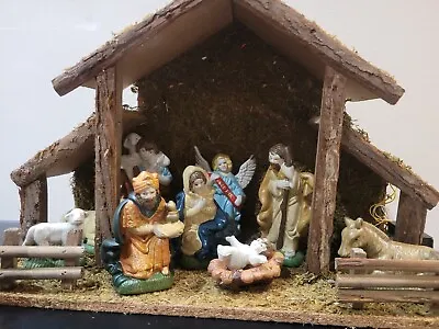 Vintage 11 Piece Nativity Set Wooden Stable And Porcelain Figurines Christmas • £20