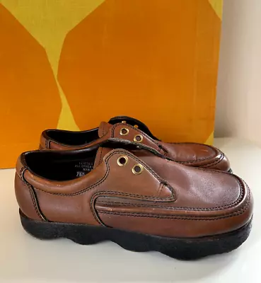 70s Wavy Platform Sole Leather Oxford Vintage Men Retro Groovy Brown Shoe 7.5D • $29.95