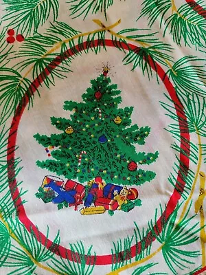 Vintage CHRISTMAS Tablecloth Ornaments Tree Cotton 50 X 69  Presents Teddy Bears • $12