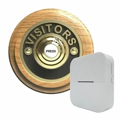 Traditional Round Wireless Doorbell VISITORS In Honey Oak And Brass • $171.75