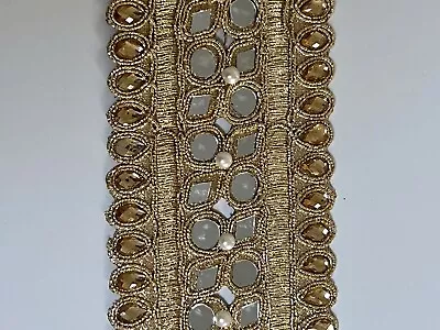 INDIAN HANDCRAFTED GOLD BRAIDED TRIM ROUND/DIAMOMD MIRRORS PEARLS CRYSTALS-1 Mtr • £6.50