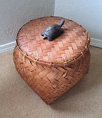 VTG Large Bamboo Splint-Weave Turtle-Lid Basket Made In Philippines Boho Chic  • $39