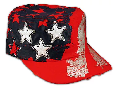 Red Stars And Stripes Cadet Castro Cap Vintage Army Hat Distressed • $15.97