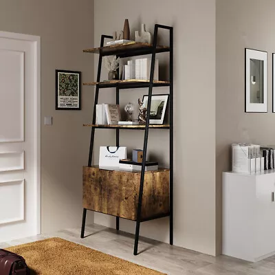 Industrial Retro Style Free Standing Wood & Metal Ladder Bookcase Storage W/Door • £79.95