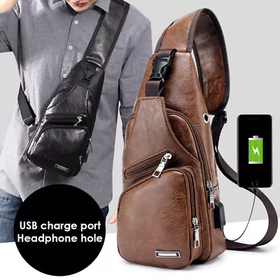 Mens Shoulder Bag Sling Crossbody Chest Leather Travel Satchel USB Port Backpack • $19.99