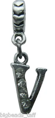 A Letter V Rhinestone Metal Dangle Bead 5mm Hole Fit Thick Cords Or Metal Chains • £1.89