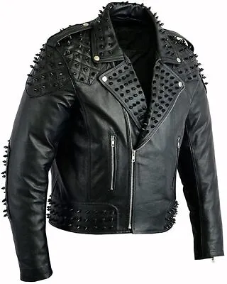 Men's Real Black Lambskin Leather Motorbike Jacket Metal Spikes Biker Jacket • $154.99