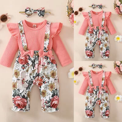 £5.28 • Buy Newborn Baby Girl Ribbed Floral Outfit Ruffle Bow Romper Jumpsuit Pants Clothes