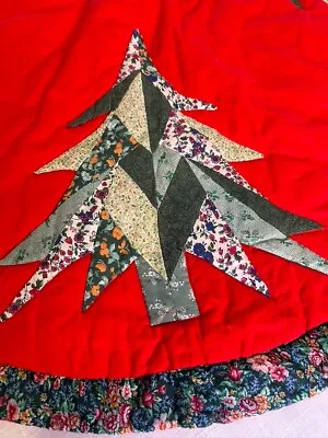 Handmade Christmas Tree Skirt 41  Round Patchwork Tree Appliques On Red Cotton • $22