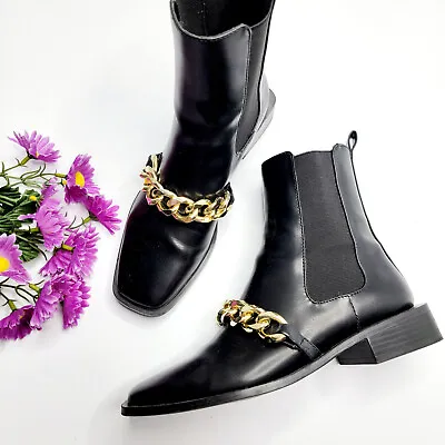 Zara Size 6 Black Low Heel Chain Ankle Boots R3140/610 • $32