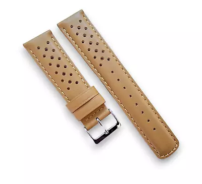 Premium Italian Leather Watch Strap Band Rally Racing Perforated 20mm Mens Beige • £9.95