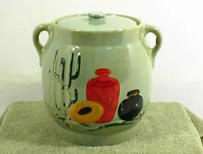 Vintage Cookie Jar Crock Stoneware Handles Green Western Cactus Cracked Lid • $50