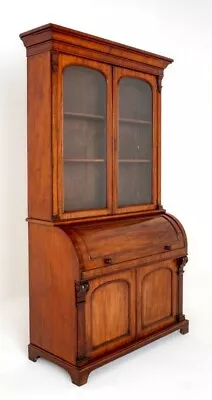 Victorian Secretaire Bookcase Mahogany Cylinder Desk 1860 • $3600