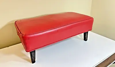 Vintage MCM RED VINYL FOOT STOOL W/ WOOD LEGS OTTOMAN • $99.99