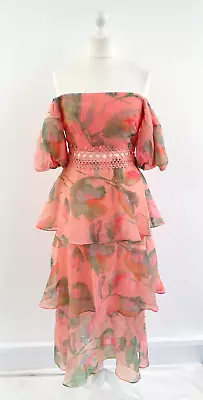 Oasis Maxi Dress Size 12 Peach Pink Floral Floaty Ruffle Tiered Off Shoulder • £30