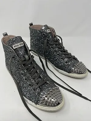 Miu Miu (prada) Trainers Shoes Silver Sparkle Glitter High Top Sz 38 UK 5 Party • £72