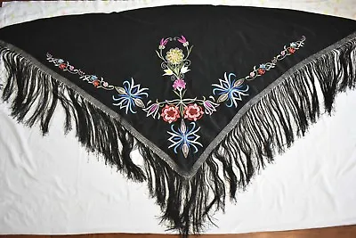 Vintage Triangle Shawl Manton De Manila FLORAL Black Embroidered 77  Gorgeous! • $119