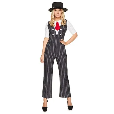 Womens Gangster Pinstripe Mafia Girl Gatsby 1920s Halloween Fancy Dress Costume • £17.99