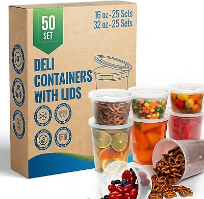 $26.99 • Buy 50 Sets [ 25-16oz, 25-32oz] Deli Plastic Food Containers With Airtight Lids