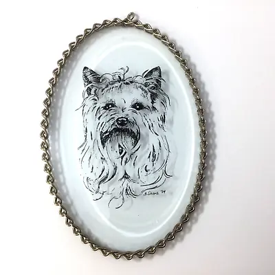 Vintage Wall Hanging Glass Plaque Silver Frame See Through Dog Maltese Terrier • $19
