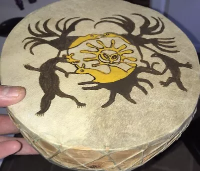 Deer Skin & Wood Drum Vintage Hand-Painted Animal Hide Hand Drum • $34.99