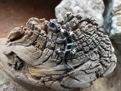 Lizard Gecko Handcrafted Sterling Silver 925 Black Onyx & Opal Pendant NEW M28 • $34.95