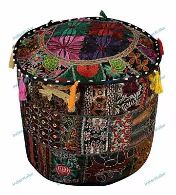 Indian Vintage Embroidered Floral Ottoman Pouf Black Footstool Ethnic Decor • $21.32