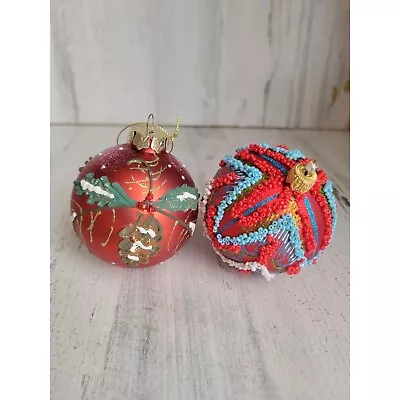 Red Ball Ornament Mistletoe Glitter Beaded Set Xmas • $14.18