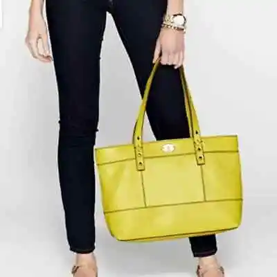 FOSSIL Vintage Mustard Yellow Leather HUNTER Shopper Tote Bag Purse Large • $89.99