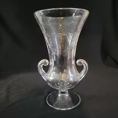 VTG Etched Wheel Cut 10.5  Large Double Handled Clear Elegant Glass Urn Vase HTF • $21.42