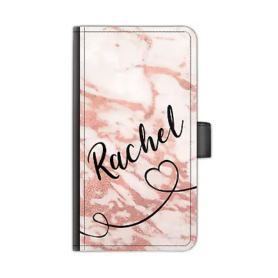 Personalised Name PU Leather Phone Case Black Heart Line Peach Marble Flip Cover • $32.58