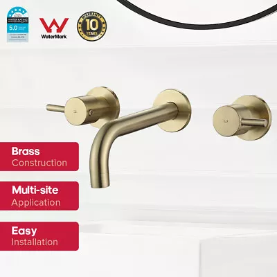 WELS Brushed Gold Wall Tap Set Bath Curved Spout Basin Outlet 1/4 Turn Twin Taps • $168.99