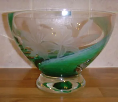 Caithness Scottish Glass Bowl Green Swirl & Flower Design Large & Heavy & Boxed • £29.99