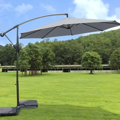 Grey 3m Garden Banana Parasol Patio Sun Shade Hanging Rattan Umbrella Cantilever • £86.95