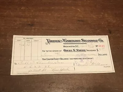 1907 Washington DC Ocean Liner Bank Check Norfolk And Washington Steamboat Co ! • $8.99