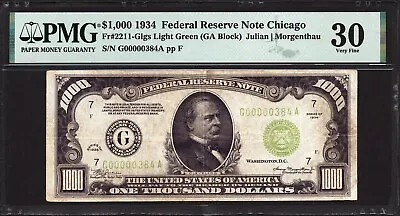 $1000 1934 Federal FRN Chicago Light Green FR 2211-G PMG 30 NO NEGATIVE COMMENTS • $4950