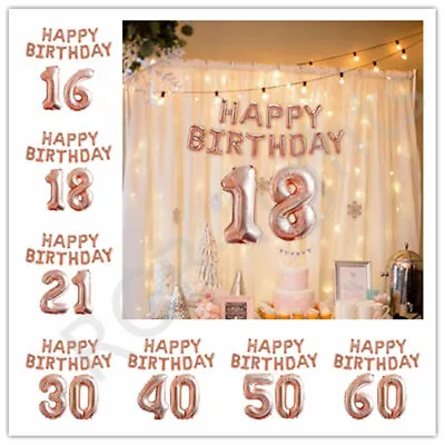 £3.49 • Buy Rose Gold Happy Birthday Balloons Foil Number 16th 18th 21st Age Decorations